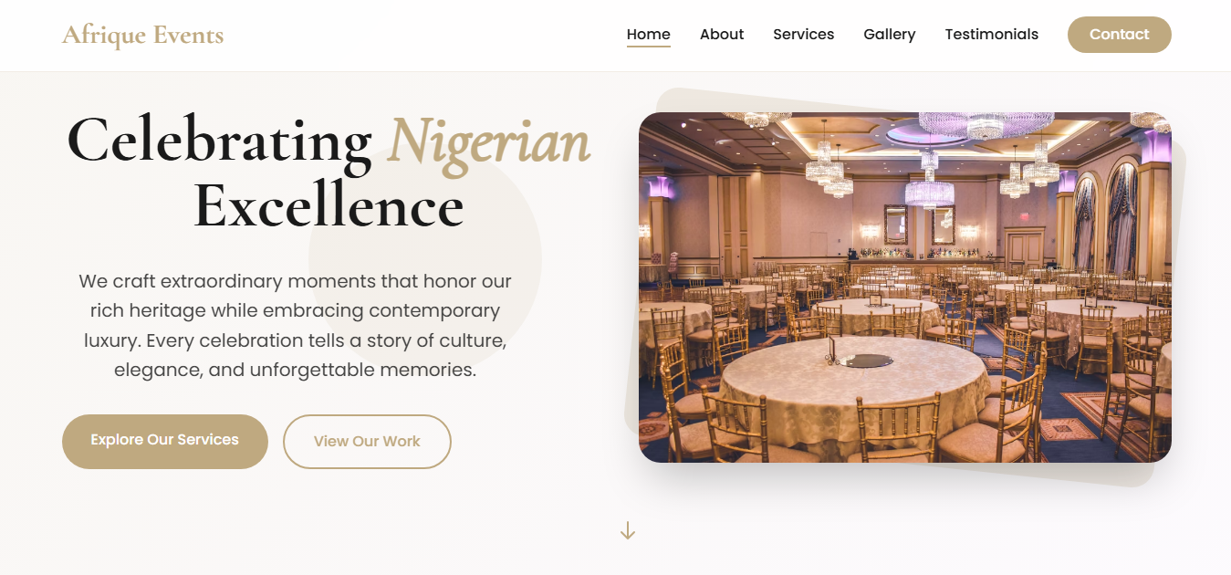 Event planner web application interface displaying event management dashboard with calendar integration, booking system, and elegant user interface